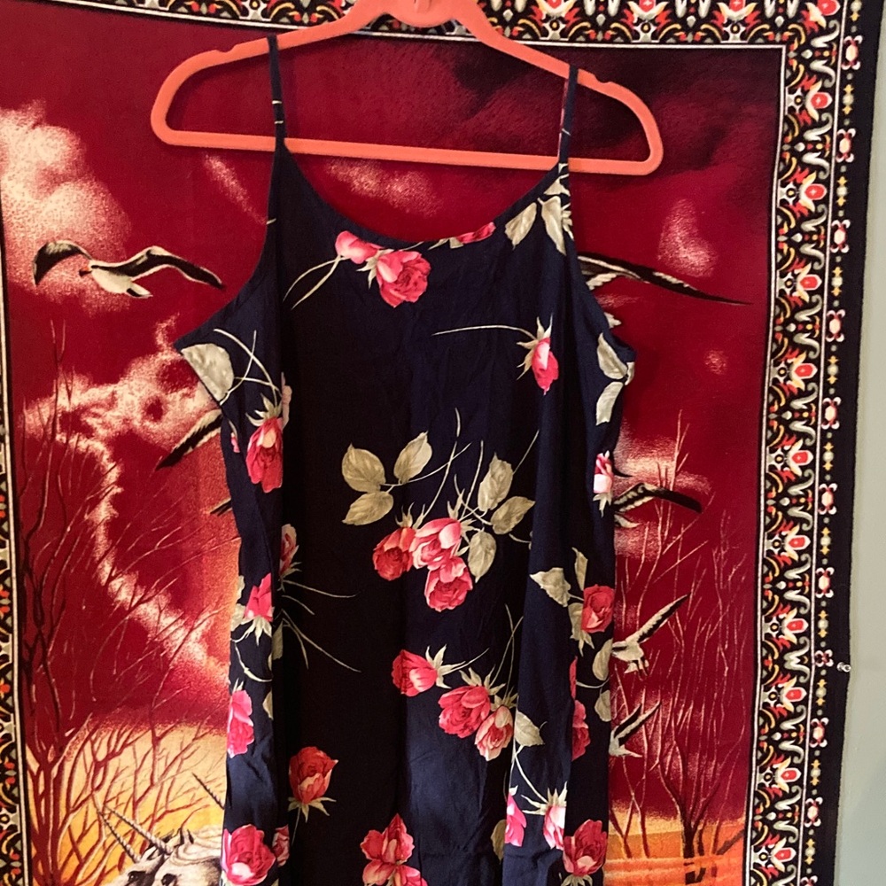 🗝️ Vintage 90s Navy Rose Rayon Maxi Dress | Class Action - Picture 4 of 4